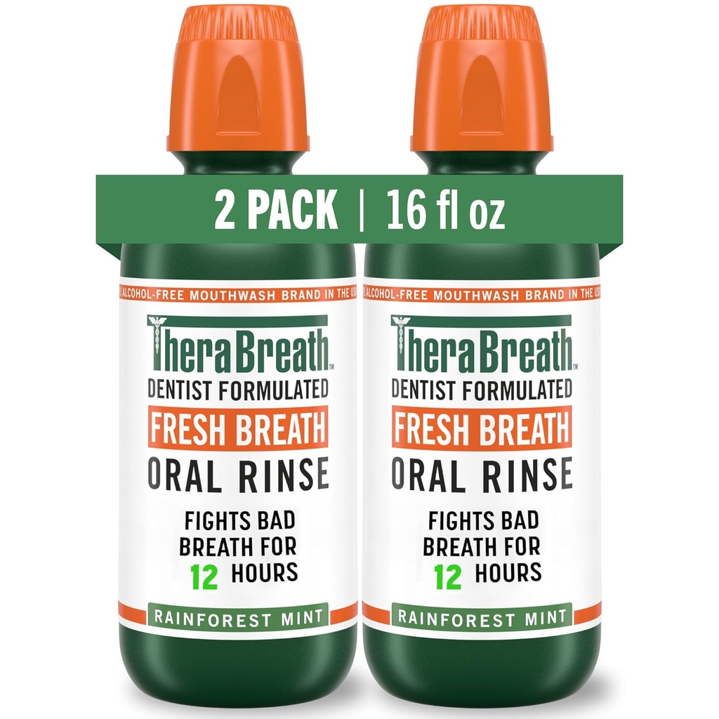TheraBreath Fresh Breath Mouthwash, Rainforest Mint, Alcohol-Free, 16 Fl Oz (2-Pack)