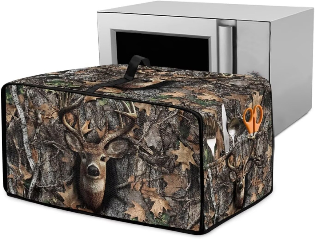 Dust-Proof Microwave Oven Cover Protector Microwave Oven Grill Cover Deer Elk Forest Camo Hunting Print Universal Kitchen Appliance Protector Case Protections for Toaster Oven, L