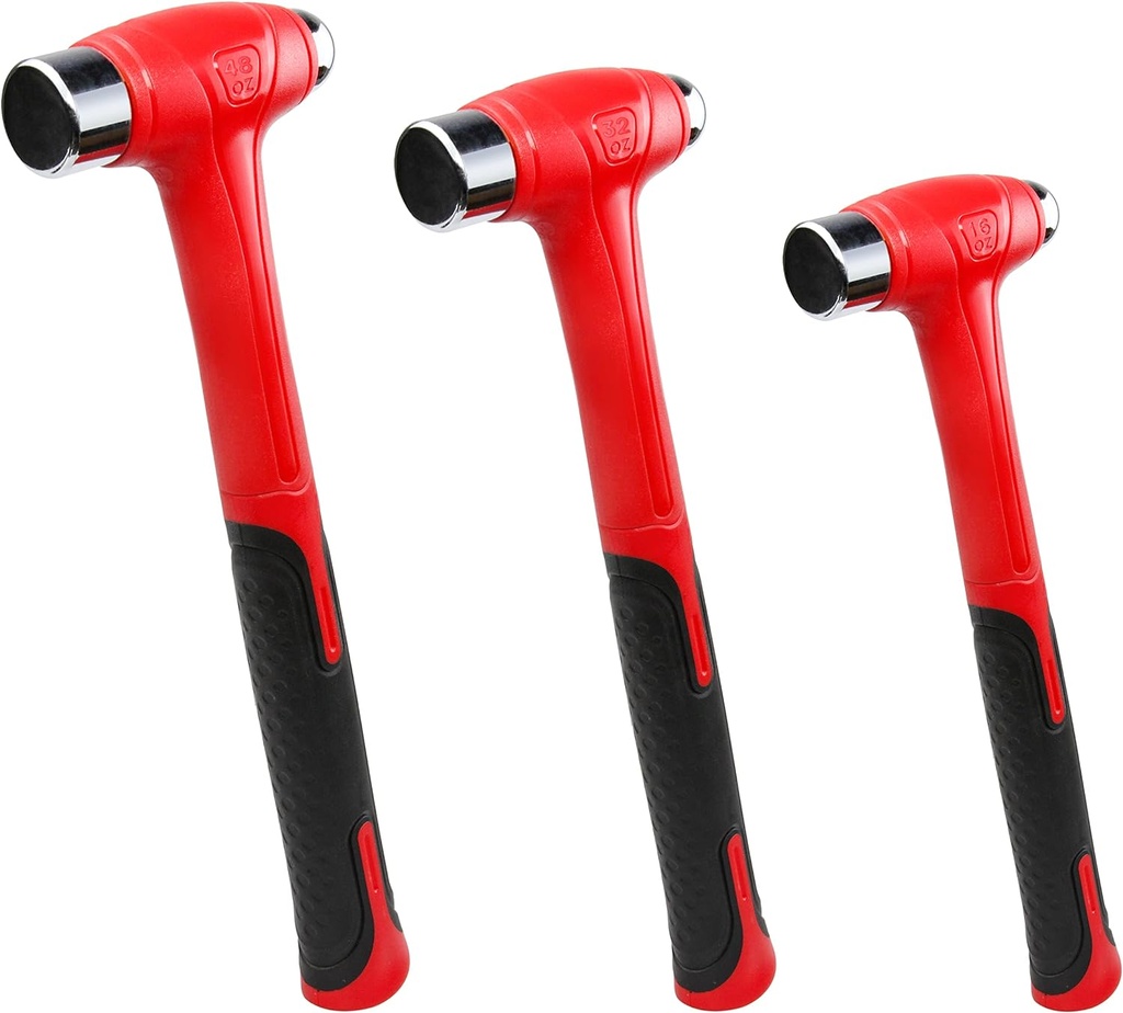 C&T 3 Piece Ball Peen Hammer, 16oz 32oz 48oz, Fiberglass Handle hammer for Ball Peen, Blow Striking Ball Pein Hammer Handle Tool with Forged Steel Construction for Metal Working