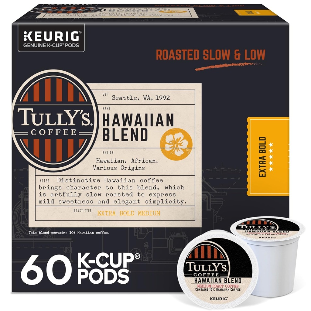 Tully's Coffee Hawaiian Blend, Keurig Single Serve K-Cup Pods, Medium Roast, 60 Count, (6 Packs of 10)