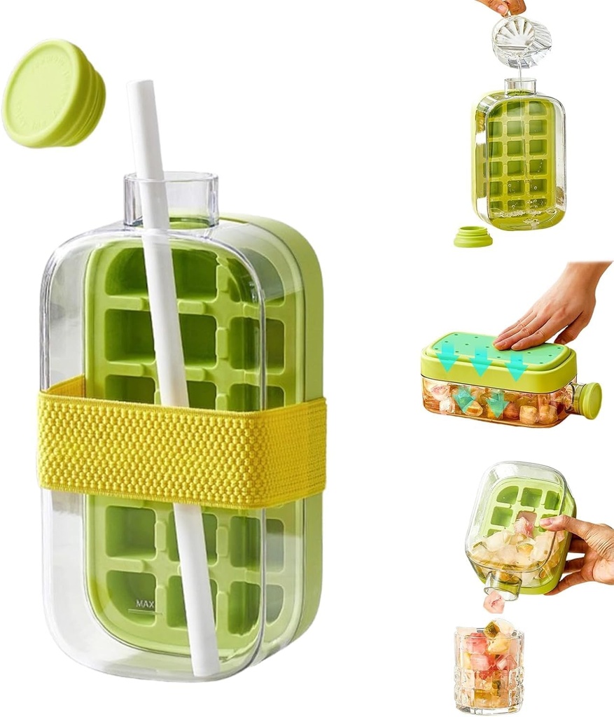 Ice Cube Bottle, 2 in 1 Ice Maker Cup, Touch-Free Ice Cube Water Bottle with Straw, Easy Press to Release Ice Cube Tray, Cool Summer Ice Bottle Cup for Freezer,Coffee,Juice,Beverages (Green, 800 ML)