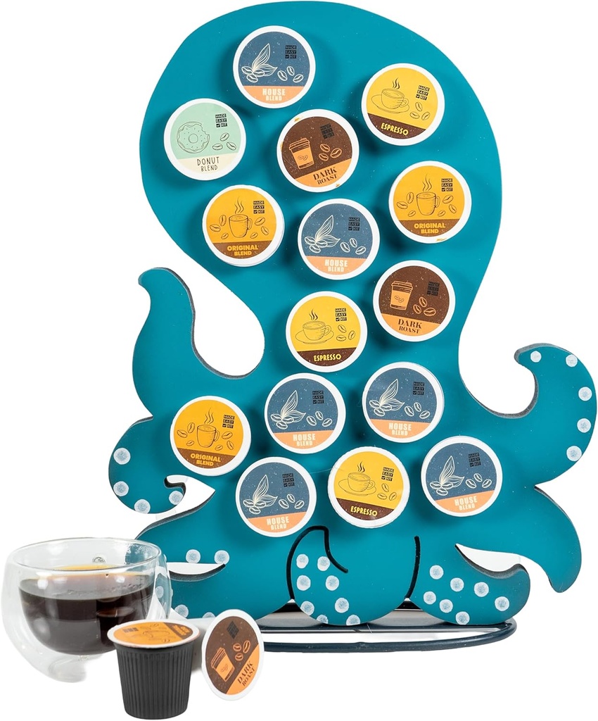 Made Easy Kit Front Facing Countertop Coffee Pods Holder - Compatible with K-Cups Practical meets Whimsical - Coffee Bar Decor for Home Café Kitchen Nook (Blue Octopus)