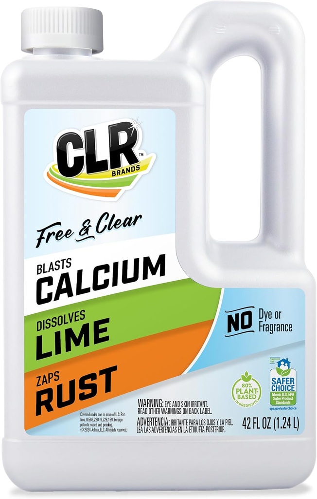 CLR Brands® Calcium, Lime & Rust Remover Free & Clear, No Dyes or Fragrances, Gentle Lime and Bathroom Descaler, Removes Hard Water Stains and Rust Deposits, 42 Oz Bottle (Pack of 1)