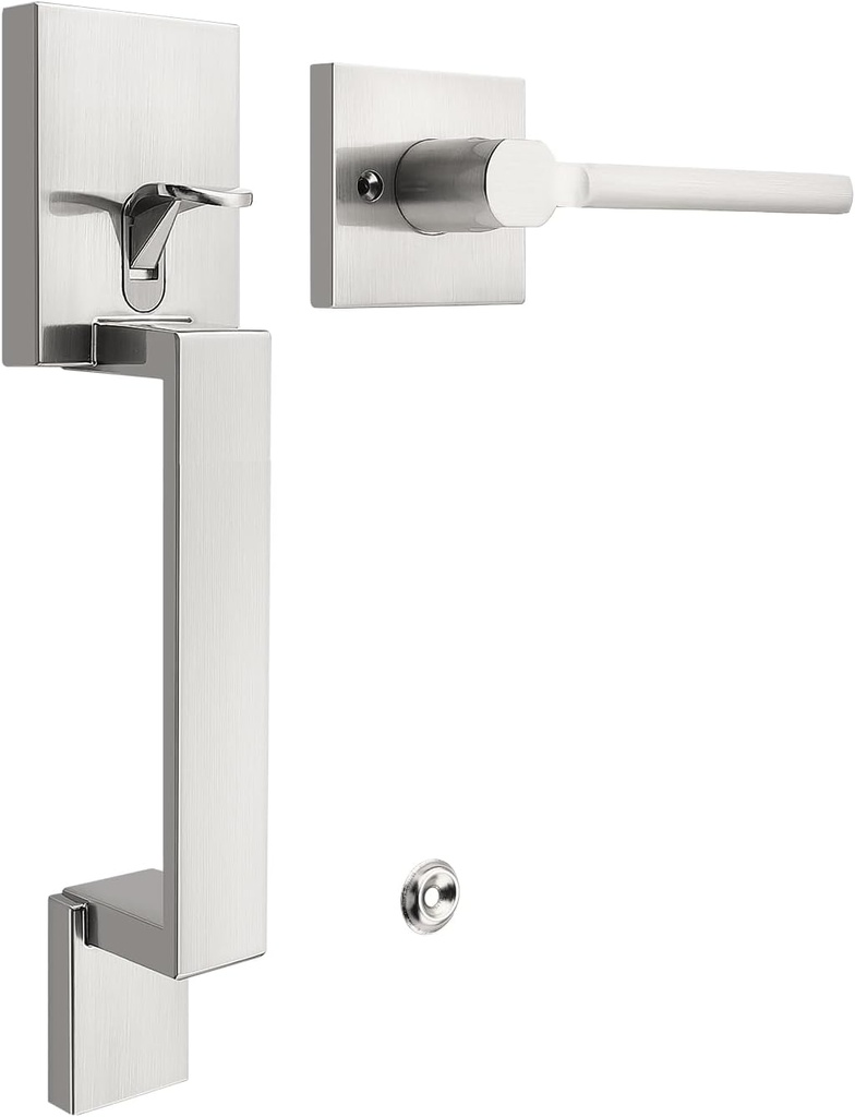 Square Satin Nickel Door Handleset with Lever, Upgrated Entry Handleset, Adjustable Hole Space, Zinc Alloy & Reversible Handle Lever, 1 Pack
