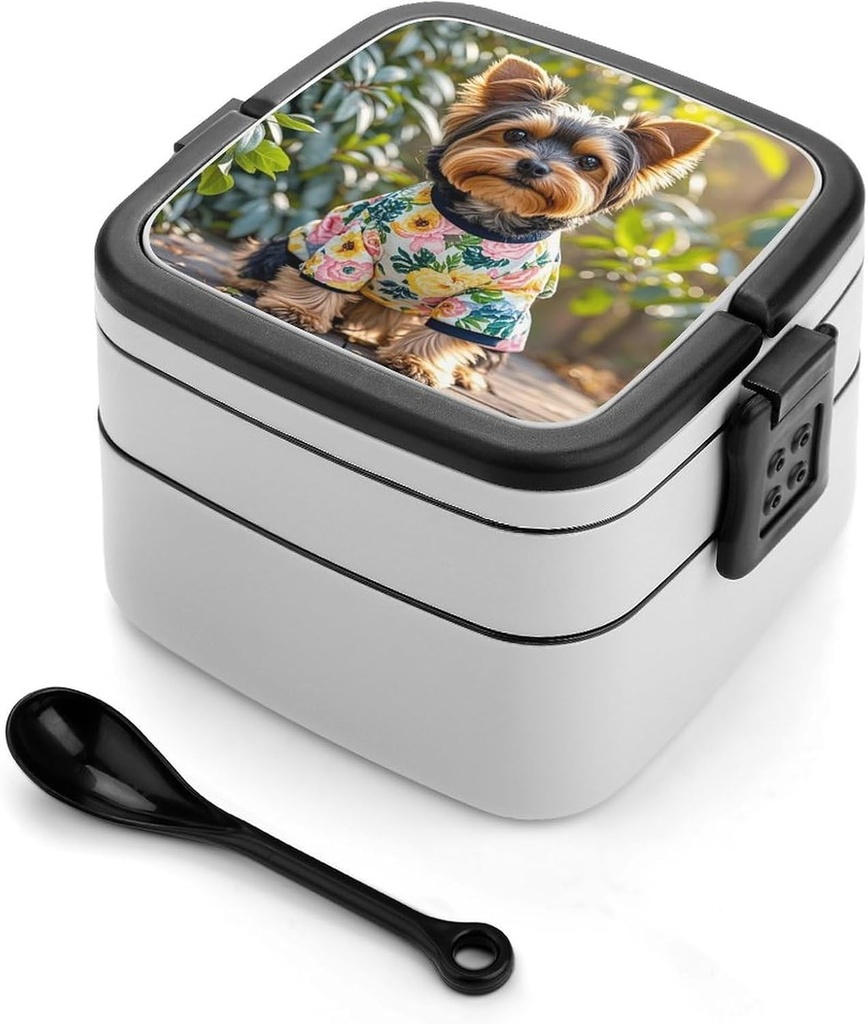 Adult Double-Layer Bento Box Yorkie Floral Portable Lunch Box with Spoon And Invisible Handle Leakproof Microwave-Safe Food Container for Work Travel Camping