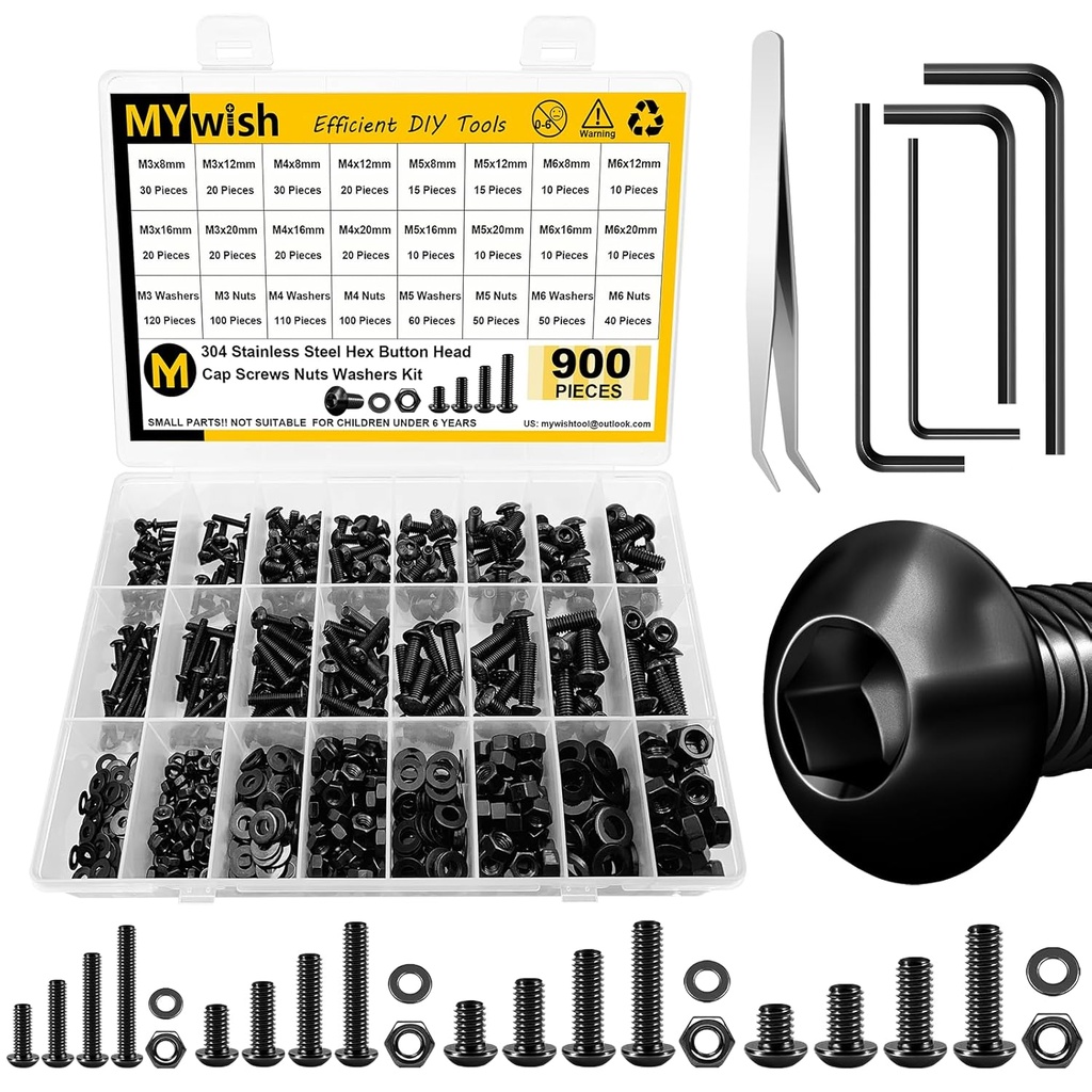 Mywish 900Pcs Metric Screw Assortment Kit, M3 M4 M5 M6 Bolts Nuts & Flat Washers, Grade 10.9 Alloy Steel Hex Socket Head Screws, Wrenches, Fully Threaded, Black Nuts and Bolts Assortment Kit