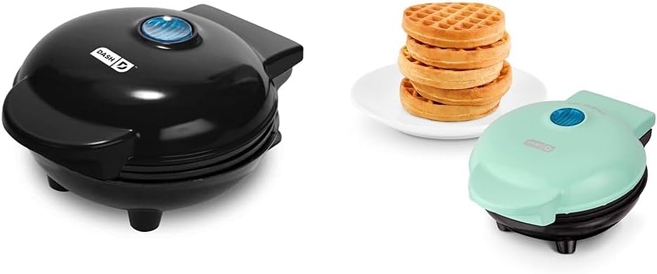 DASH DMW001BK and DASH Mini 4 Inch Nonstick Mini Waffle Makers Bundle for Individual Waffles and More, Black and Aqua