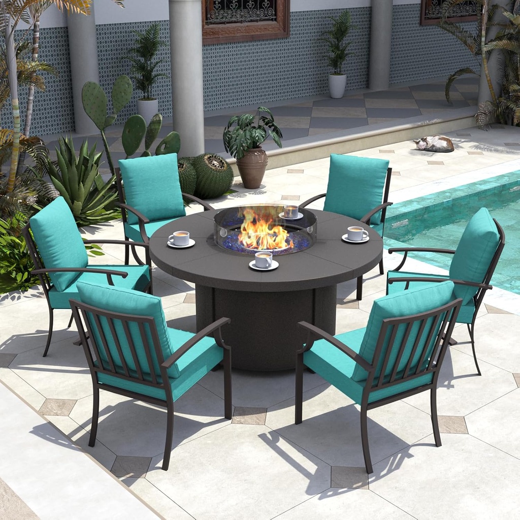Kurapika 7 Piece Metal Outdoor Patio Furniture Set with 48" Round Fire Pit Table, Patio Conversation Sets 6 Fixed Chairs with Thick Cushion and 40000 BTU Propane Fire Pit Table, Blue