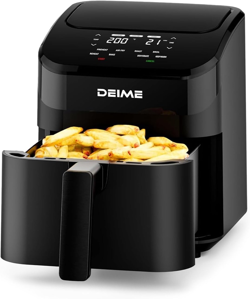 DEIME Air Fryer 4.5 Qt, Small Airfryer Digital Space Saving Compact, Bake, Reheat, Roasts for Quick Easy Meals, Mini Compact & Quiet, Nonstick & Dishwasher Safe Basket with Toast Rack (Black)
