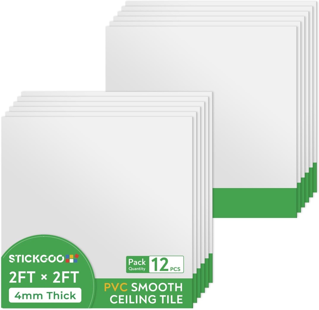 STICKGOO Smooth Drop Ceiling Tiles 2ft x 2ft, PVC Ceiling Tile 24 x 24in - Waterproof, Fire-Rated to Prevent Breakage - Package of 12 Tiles Cover 48 Sq. Ft, White