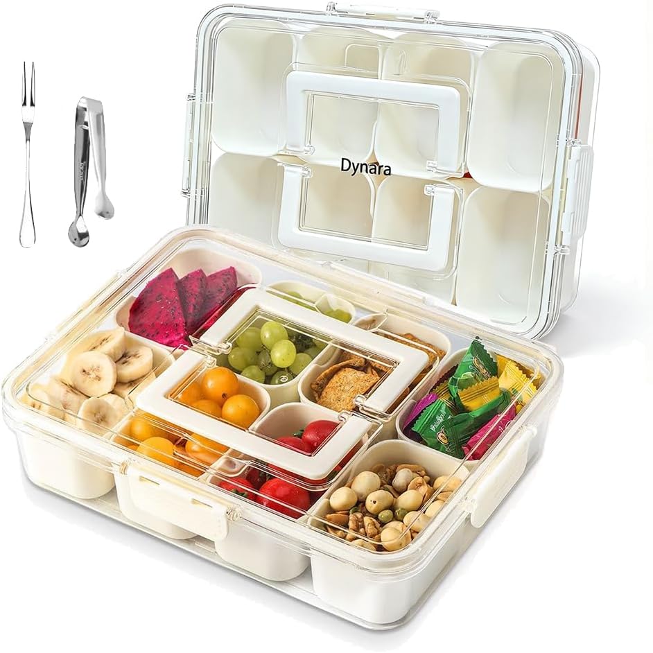 Snackle Box Container - Dishwasher Safe, German Heat-Resistant Material, Divided Trays with Lid & Handle, Perfect for Fridge Organization, Travel, Charcuterie Boards & Portable Snack Platters