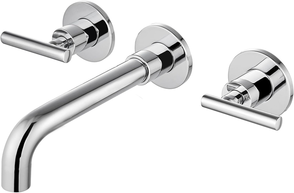 Airuida Wall Mounted Widespread Bathroom Sink Faucet Wall Mount Lavatory Faucet Vanity Sink Mixer Tap 2 Lever Handles 3 Holes 360 Swivel Spout with Brass Rough in Valve Chrome Polish