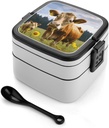 Bento Box Stackable Lunch Box with 2 Compartments Leak-Proof Food Storage Containers Animal Brown Cow Bento Lunch Box for Adults Lunch Containers with Utensil Set, Black