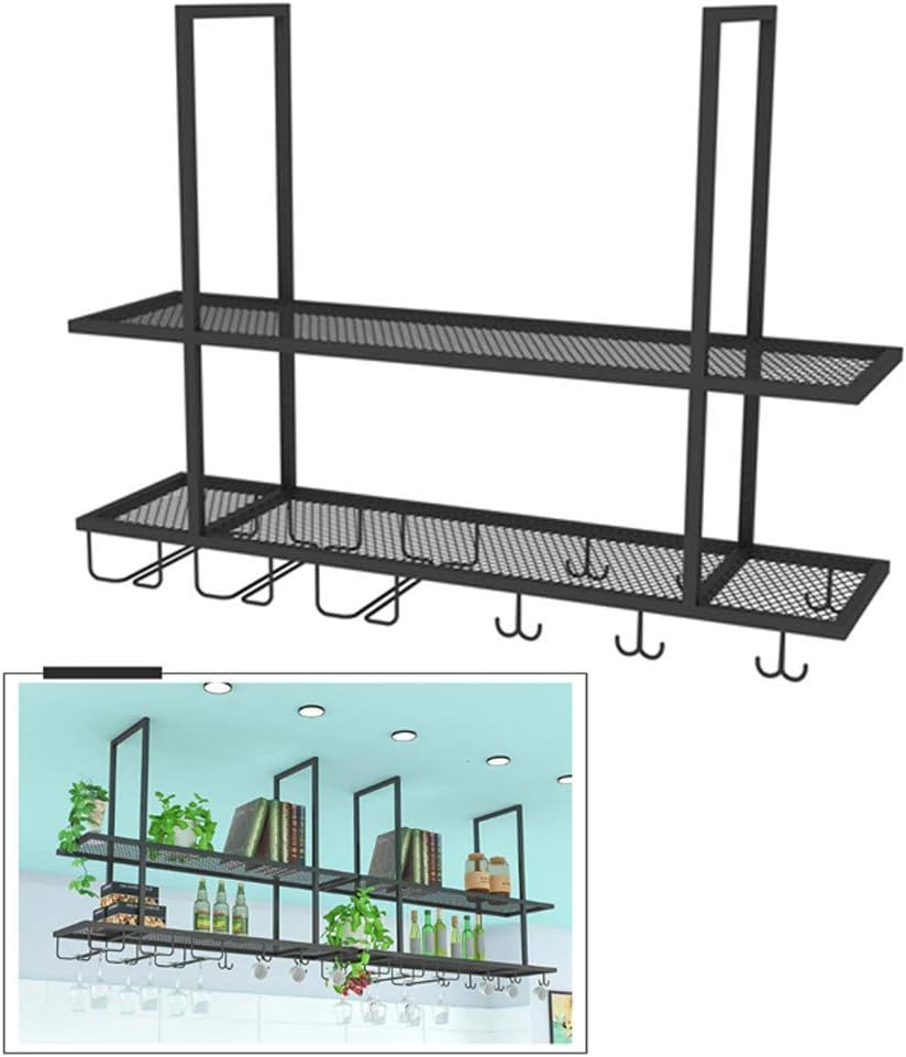 Organize Kitchen Wine Rack with Glass Holder Hanging Ceiling Wine Glass Holder Home Ceiling Decoration Shelf Black 2-Tiers Stemware Cup Holders/Commercial Cellars Clubs