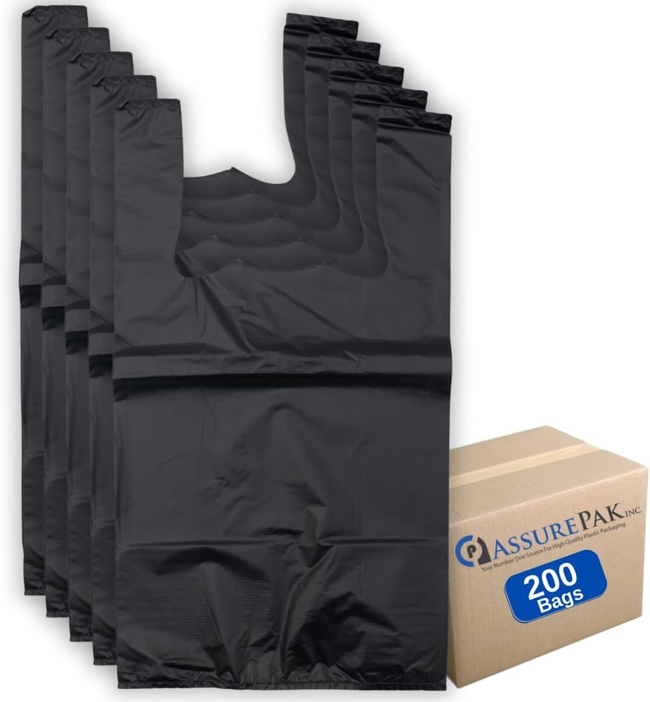 Black Unprinted HDPE T-Shirt Bags - 1/8 BBL 10"X5"X18" - 200 Bags - 30 microns - Perfect for Grocery Shopping and Store Purchases