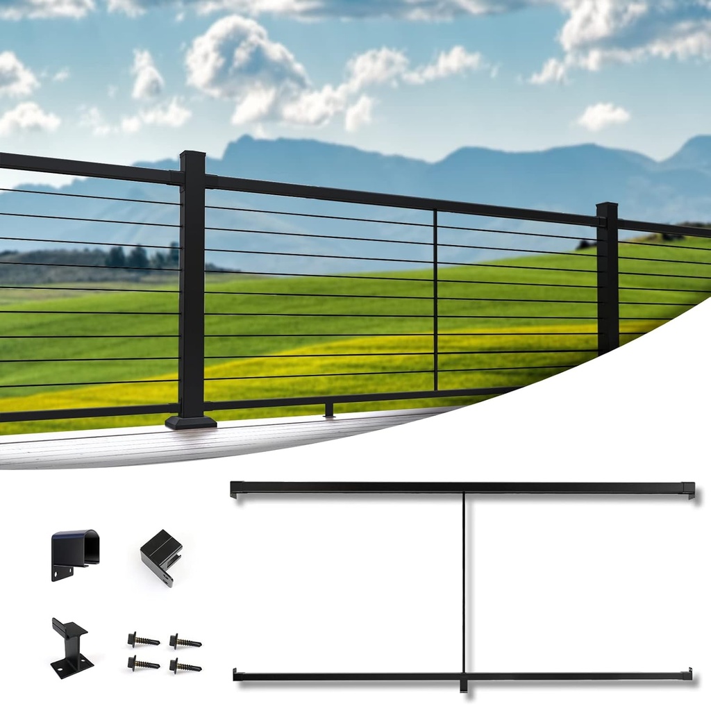 Muzata 6'6" Aluminum Handrail Kit Black Cable Railing System Work with Wood Metal Aluminum Post Premium Deck Railing Deck Stairs, HK42 BNP