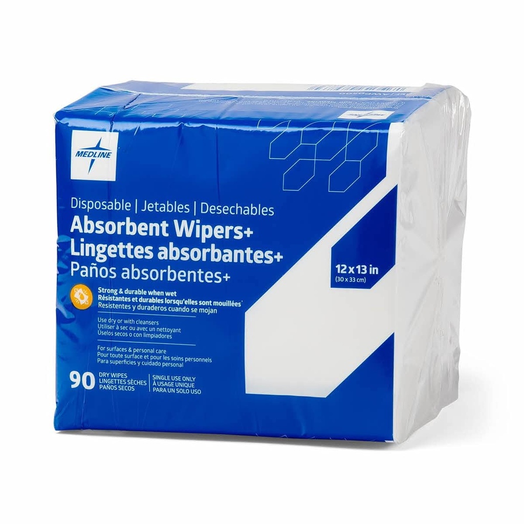 Medline Absorbent Wipers+ Disposable Heavy Duty Dry Wipes, 12" x 13" (90 Count)