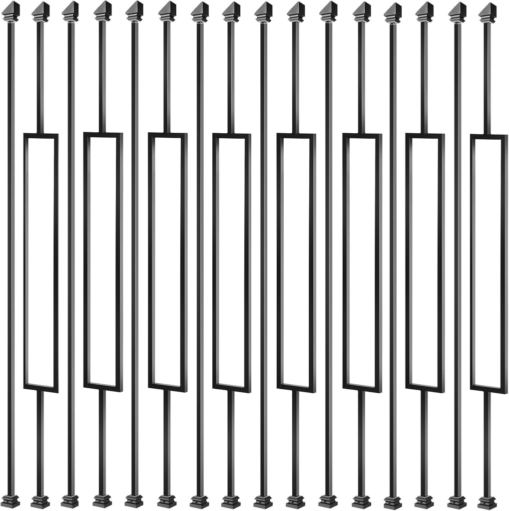 Iron Balusters for Staircases, 16 Pack Wrought Iron Balusters, Metal Stair Balusters Stair Spindles, Staircase Baluster W/ 32 Pack Baluster Shoes (8 Straight +8 Single Rectangle)