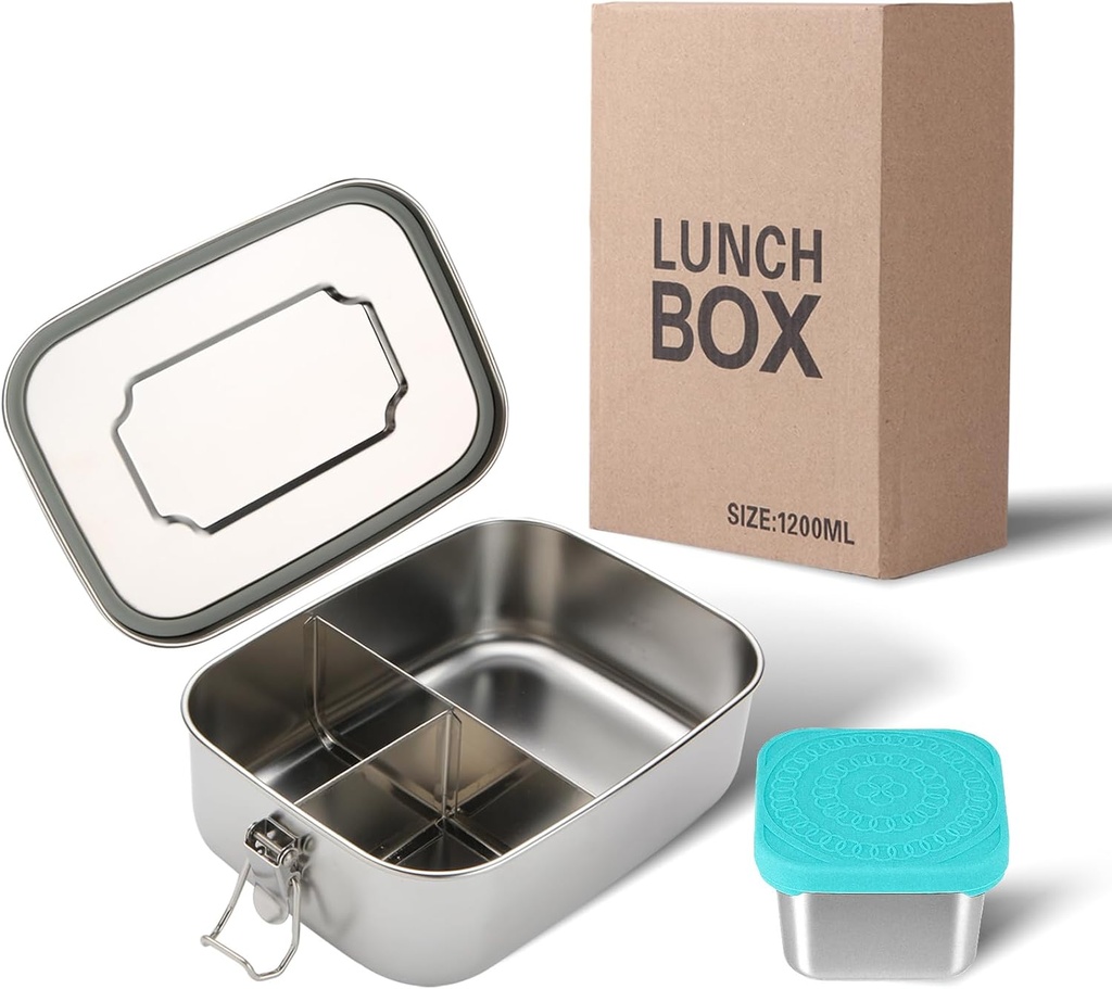 LEEPENK Stainless Steel Bento Box (40oz) with 6oz Condiment Container for Women, Leak Proof Metal Lunch Container with 3 Compartments, Metal Food Storage Lunch box for Work, Travel, Adults