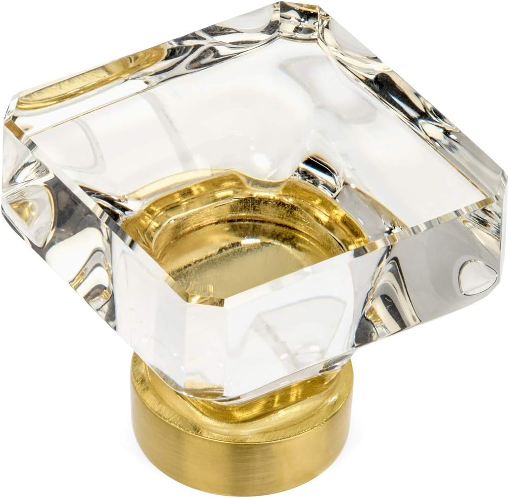 Cosmas 5 Pack 6377BB-C Brushed Brass Cabinet Hardware Square Knob with Clear Glass - 1-3/8" Squared