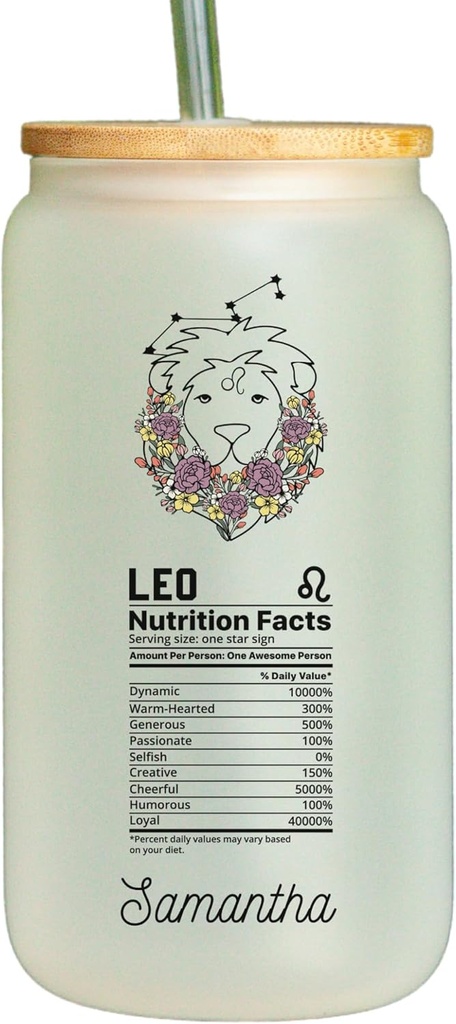 Generic Zodiac Leo Glass Cup with Lid and Straw - Leo Sign Nutrition Facts Frosted Cup Tumbler Jar, Christmas Birthday Glass Cup Gift Astrology Lover Friend Coworker- 16 Oz Iced Coffee Cup