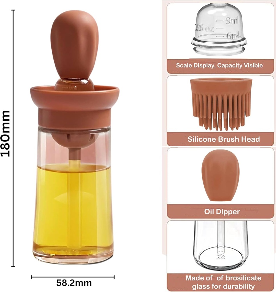 2x Oil Dispenser with Brush 180 ml, 2 In 1 Glass Oil Storage Bottle with Silicone Basting Brush Dispenser, Olive Oil Dispenser Bottle, Squeeze Dropper for BBQ, Baking & Cooking
