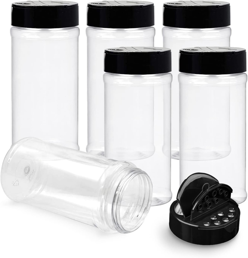 RoyalHouse 6 Pack 16 Oz Plastic Spice Jars with Black Cap, Clear and Safe Plastic Bottle Containers with Shaker Lids for Storing Spice, Herbs and Seasoning Powders, BPA Free, Made in USA