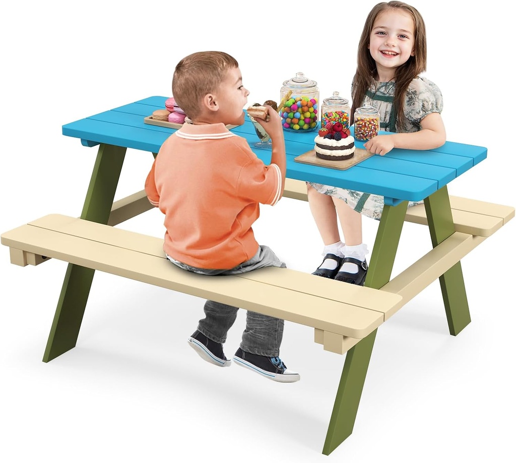 Costzon Kids Picnic Table, Acacia Wood Kids Outdoor Table with Benches, Toddler Patio Furniture Set for Backyard, Garden, Lawn, Gift for Boys Girls 3+ (Green)