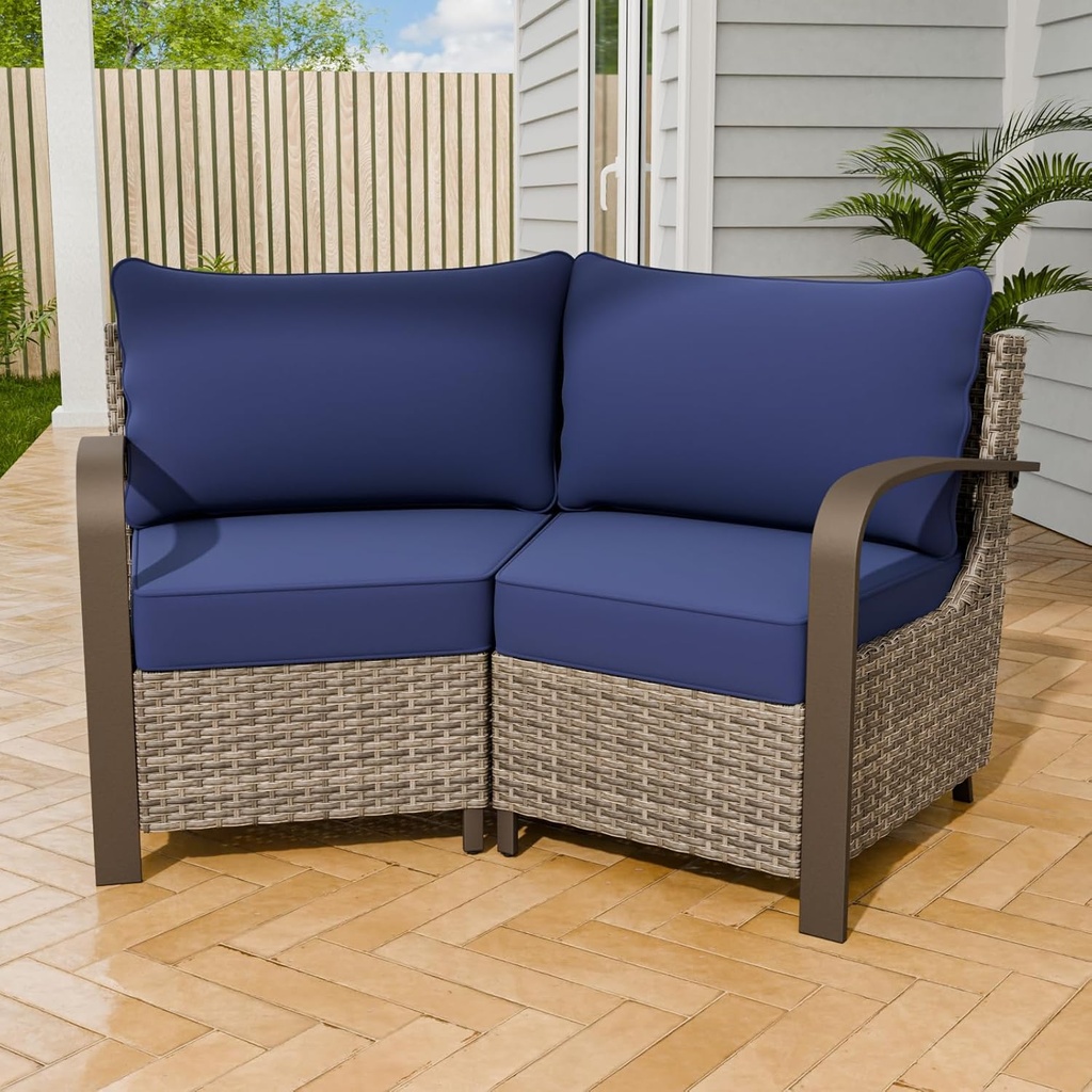 Vista Oasis Outdoor Sectional Sofa Set, Corner Chairs with Single Armrest, Wicker Outdoor Furniture with Deep Seating Cushion, Beige/Blue