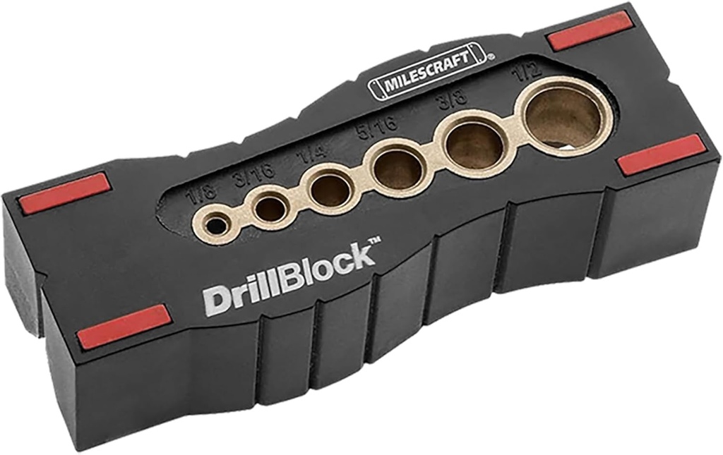 Milescraft 1312 Drill Block - Handheld Drilling Guide, Drilling Jig with Drill Guides for 6 of the Most Common Imperial Drill Bit Sizes, Precision Drilling Tool Accessory