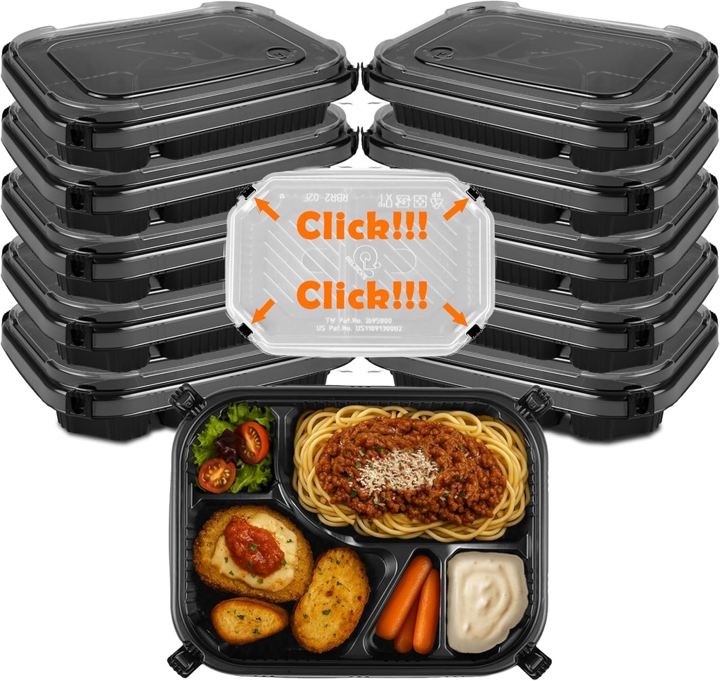 5 Compartment Food Prep Containers with Clear PET Lid, Bulk Storage for Meal, Stackable Take-Out Bento Boxes, Dish Delivery, Freezer, Microwave, and Dishwasher Safe, BPA-Free, 50 Packs