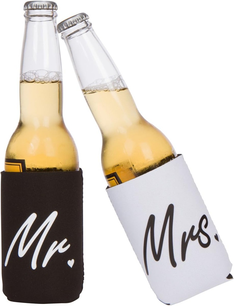 Cute Can Cooler Sets - Wedding Gift - Engagement Gift (Black/White - Mr and Mrs)