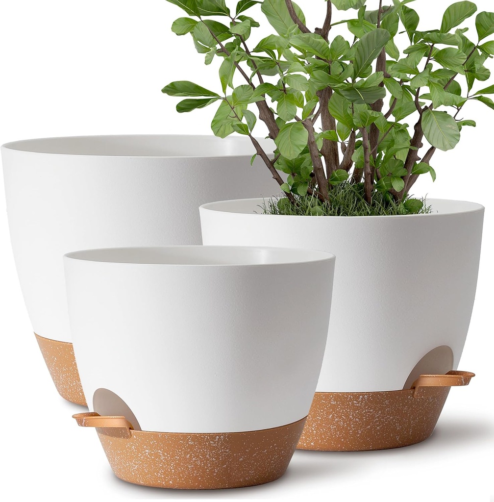 Plant Pots 12/10/9 inch Set of 3, Self Watering Flower Pots Indoor Outdoor, Planters with Drainage Hole Saucer Reservoir, White