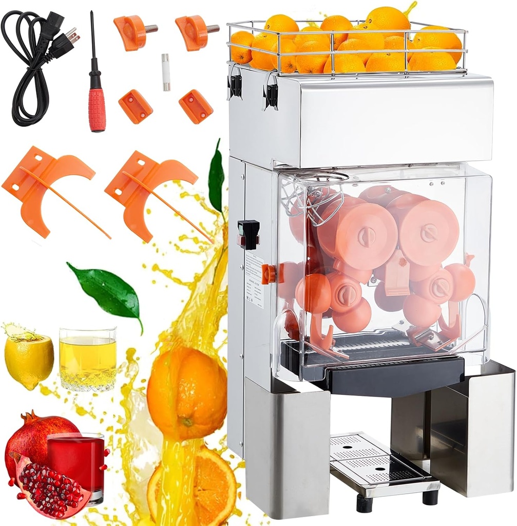 Garvee Commercial Juicer Machine, 110V Automatic Feeding Juice Extractor, 120W Orange Squeezer for 20-30 per Minute, with Pull-Out Filter Box SUS 304 Tank PP Cover and Two Peel Collecting Buckets