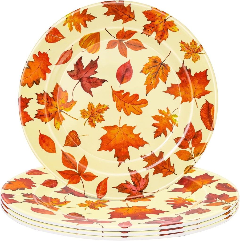 Whaline 4Pcs Fall Leaves Dinner Plates Set Watercolor Scattering Maple Leaves Plastic Plates Thanksgiving Reusable Plates for Fall Theme Party Banquet Dinnerware Supplies, 10 Inch