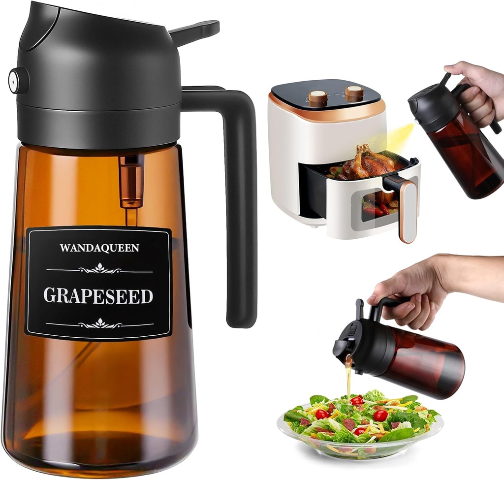 2 in 1 Oil Sprayer for Cooking, 16oz Olive Oil Dispenser Bottle for Kitchen Gadgets with 8 Stickers, Glass Bottle for Air Fryer