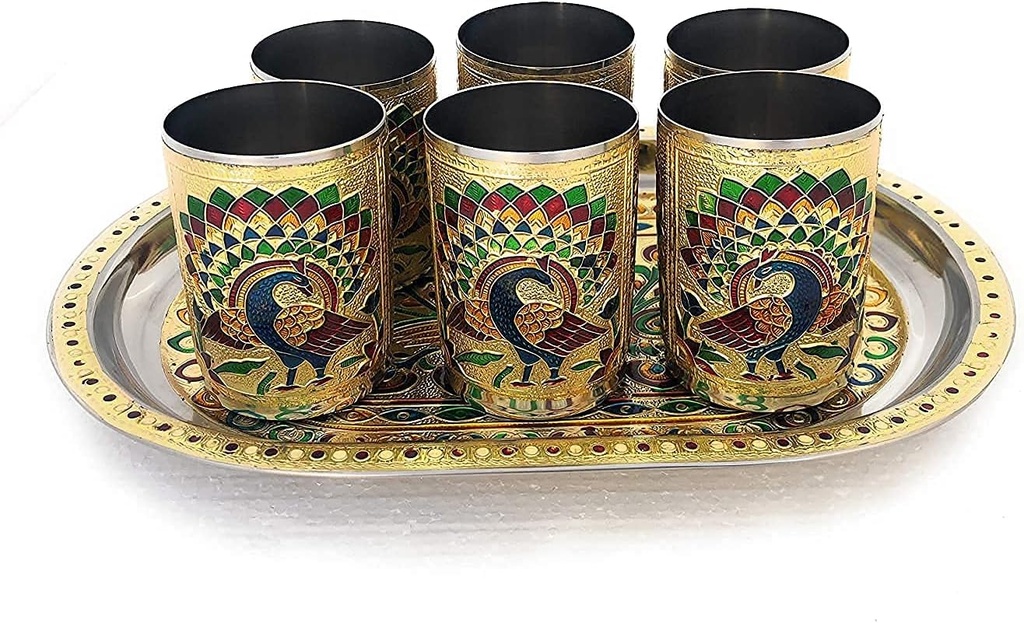Handicrafts Set of 6 Stain Less Steel Glass Indian Hand Made Meena Work Peacock Design Golden Color Diwali Christmas Tumbler Gift Set Item (Handicraft Serving Tray Set Golden) 250 ml