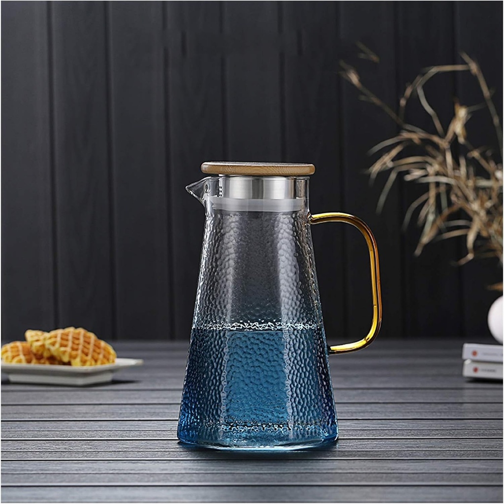 Iced Tea Pitcher Blue Glass Pitcher With Lid and Handle Easy Clean Heat Resistant Borosilicate Glass Teapot for Juice, Milk, Cold or Hot Beverages Cold Water Jug (Capacity : 1.1L)