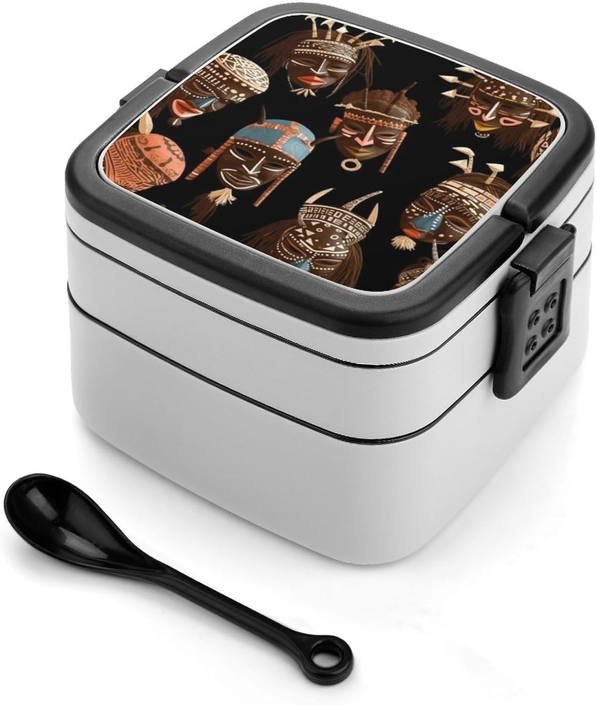 African Ritual Ethnic Tribal Bento Box Adult Stackable 2 Layers Containers Reusable Leakproof Lunch Containers for Adults Travel 33oz Lunchbox with Spoon Portable Bento Boxes, Microwave Dishwasher Saf