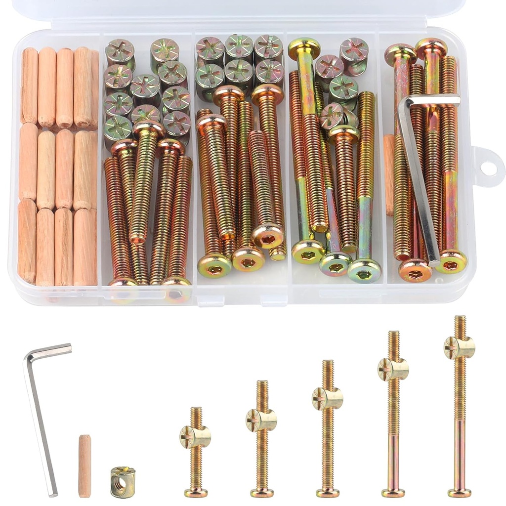 M6x40/50/60/70/80mm Crib Screws Assortment 20-Set Wooden Double beds Hardware Replacement Kit,Bolts & Barrel Nuts & Wooden Dowels, Hex Socket Head Cap Screws Nuts for Headboards Furniture