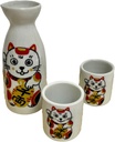 Japanese Mino Ware Ceramic Tokkuri Sake Bottle 5.4 Fluid Ounces and 2 Ochoko Guinomi Sake Cups 1.69 Fluid Ounces Set Lucky cat Manekineko Pattern from Japan (Red)