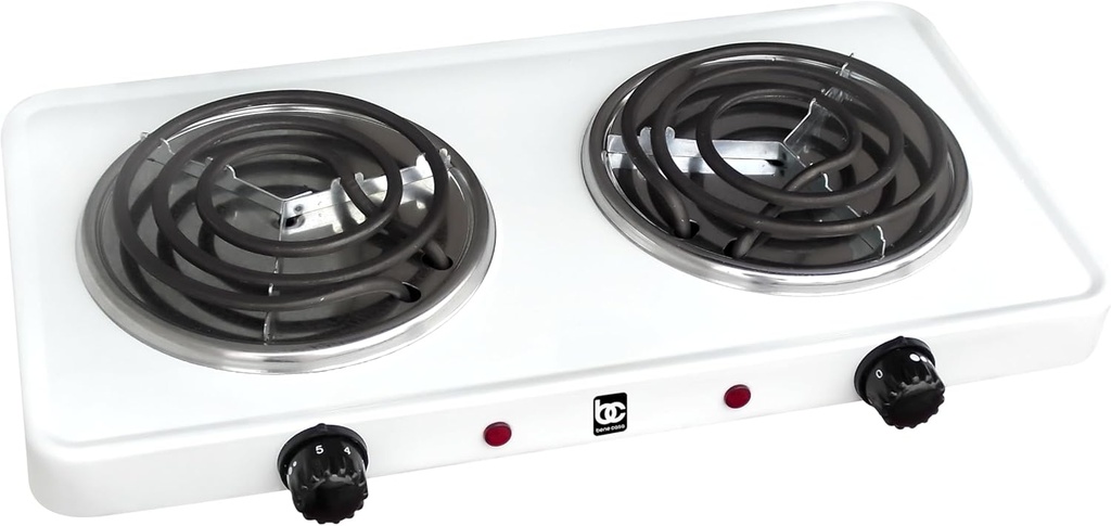 Bene Casa Double Electric Burner in White, Double Burner coils, Portable Double Electric Burner, Dual Controls, Stainless Steel Drip Tray.