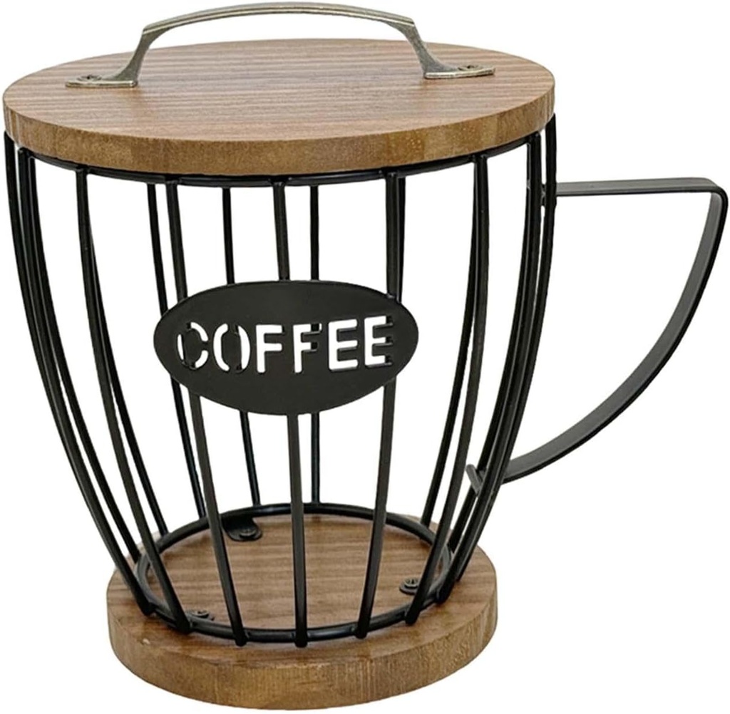 Coffee Pod Holder Storage Basket, Large Capacity Mug Shaped Iron Container Organizer for Kitchen Counter, Cafe, Bar Accessory , Black with Lid