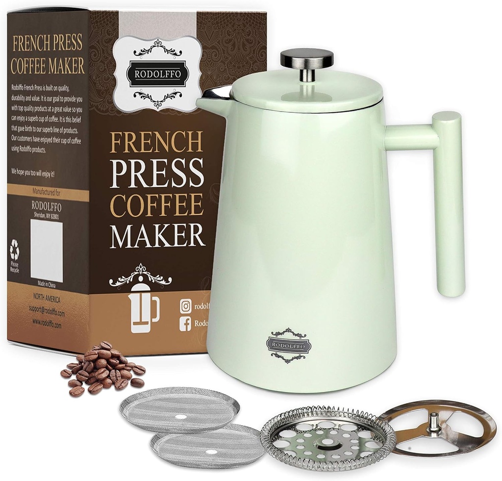 French Press Coffee and Tea Maker - Vacuum Insulated Premium Stainless Steel Coffee Press 34 Ounce - 1 Liter. Stylish Off White Cafetiere