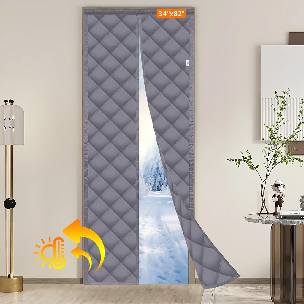 Magnetic Thermal Insulated Curtain, Fits Door Size 32" x 80", Oxford Cloth Thicken Cotton Fiber Fill, Insulation for Winter, 34" x 82", Gray