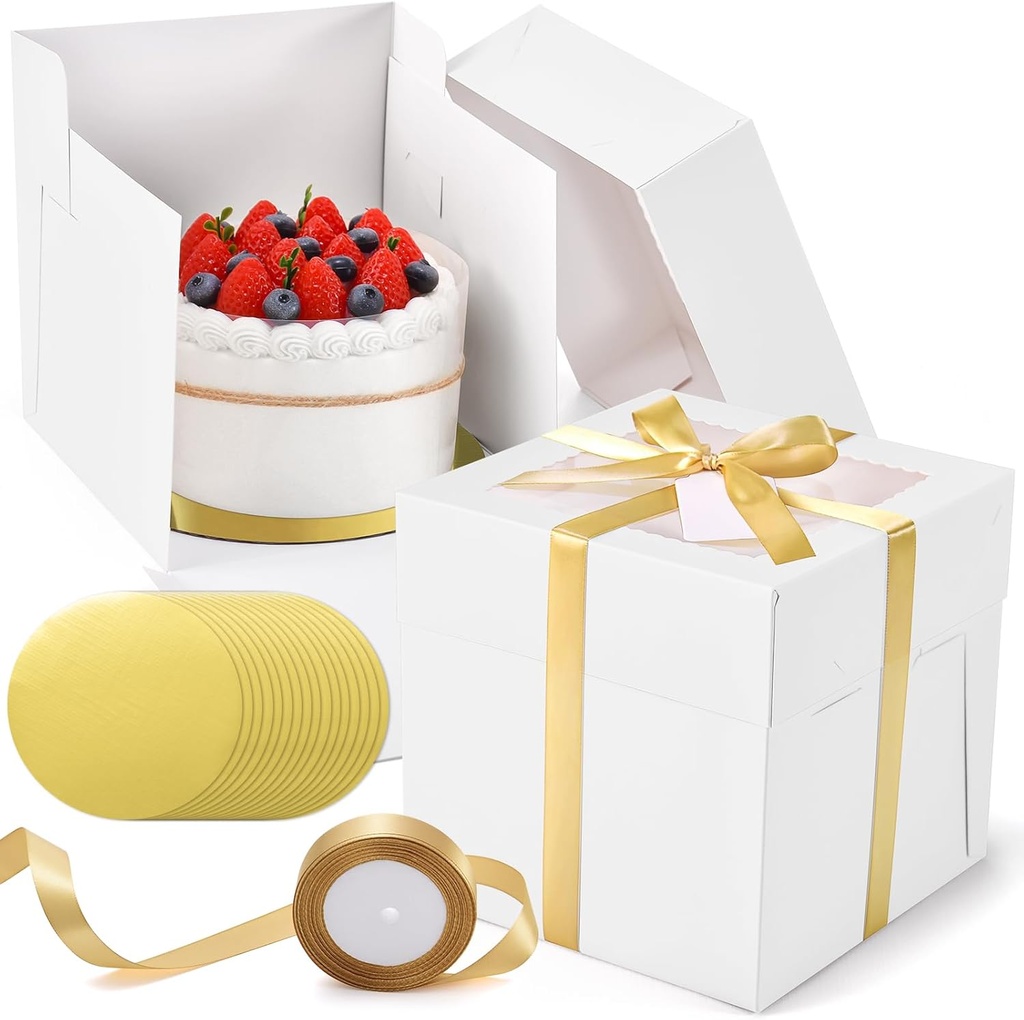 24Pcs 8x8x8 Inch Cake Boxes, 12pcs White Bakery Boxes with Window (12pcs Boards), Square Cake Carrier Container Disposable Pie Boxes Package for Bake Decorating Supplies