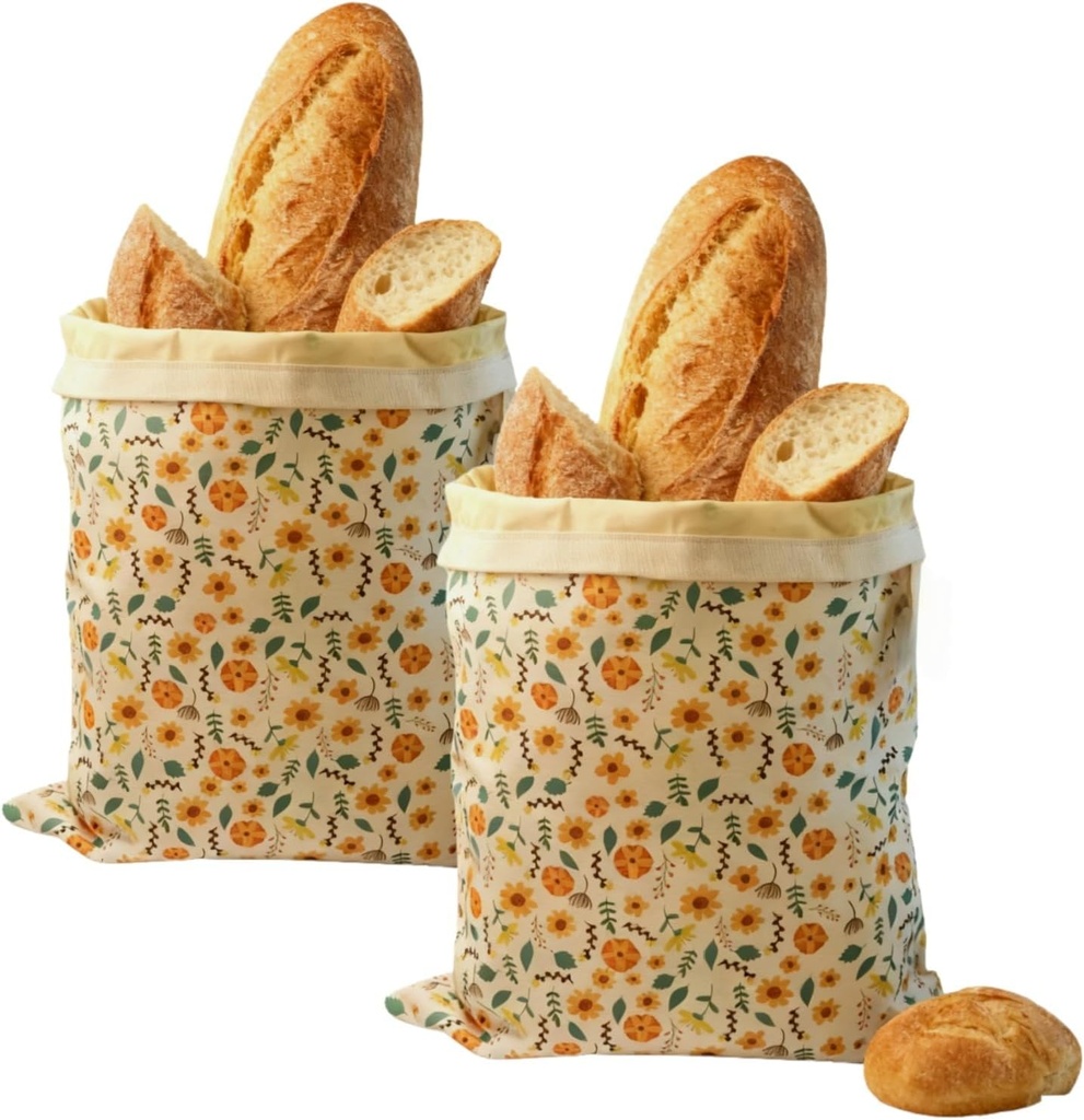 Reusable Beeswax Bread Bags for Homemade Bread Sourdough Loaf 17in x12.9in Large Beeswax Storage Bags farmhouse bread box Cotton Linen Bag 2 Pack Portable Bread Containers (Flower design)