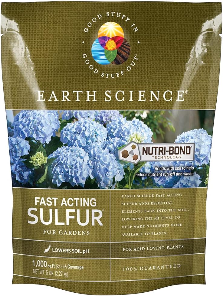 Earth Science Fast Acting Sulfur – 5lb—Soil pH Reducer, Lowers pH Instantly, Reduces Nutrient Runoff, Improves Growth & Color for Acid-Loving Plants, Long-Lasting Lawn Care Flower Bee Supplement