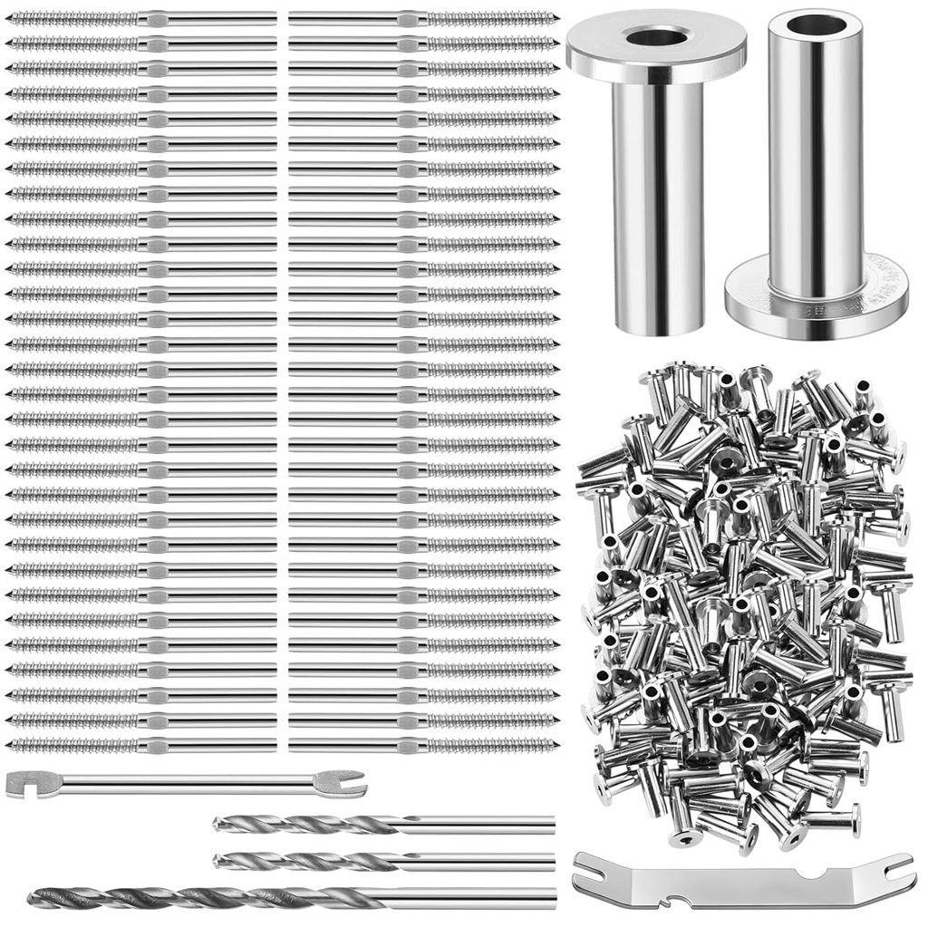 Blulu 120 Pack 1/8" Cable Railing Hardware Kit and T316 Stainless Steel Protector Sleeves Left and Right Handed Thread Swage Lag Screws Deck Cable Railing System for Wood Post DIY Balustrade