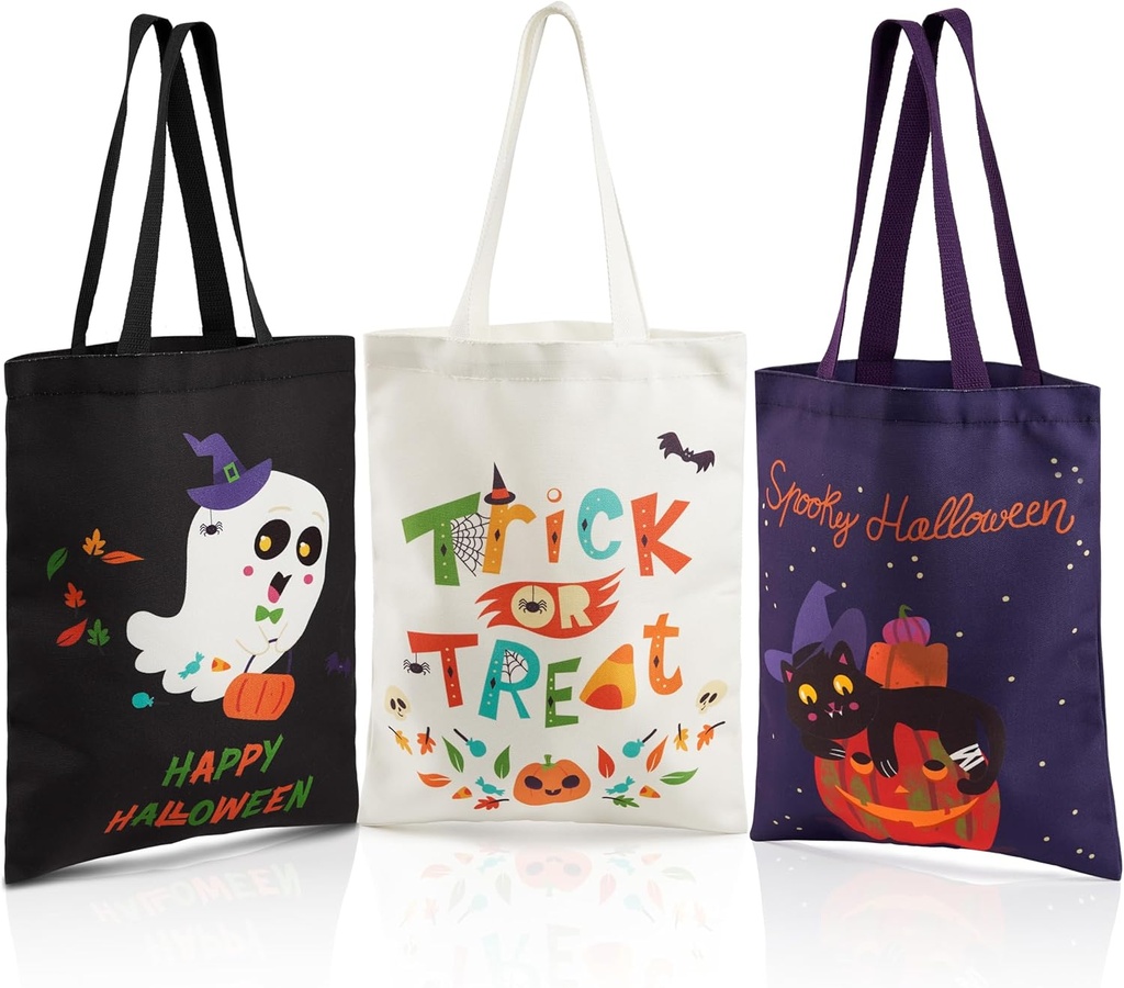 JOYIN 3PCS 15.7" Large Halloween Tote Treat Bag for Trick or Treat, Halloween Goodie Candy Bags, Reusable Black White Canvas Gift for Kid Party Favor Supply, Purple Snack Grocery Tote with Handle